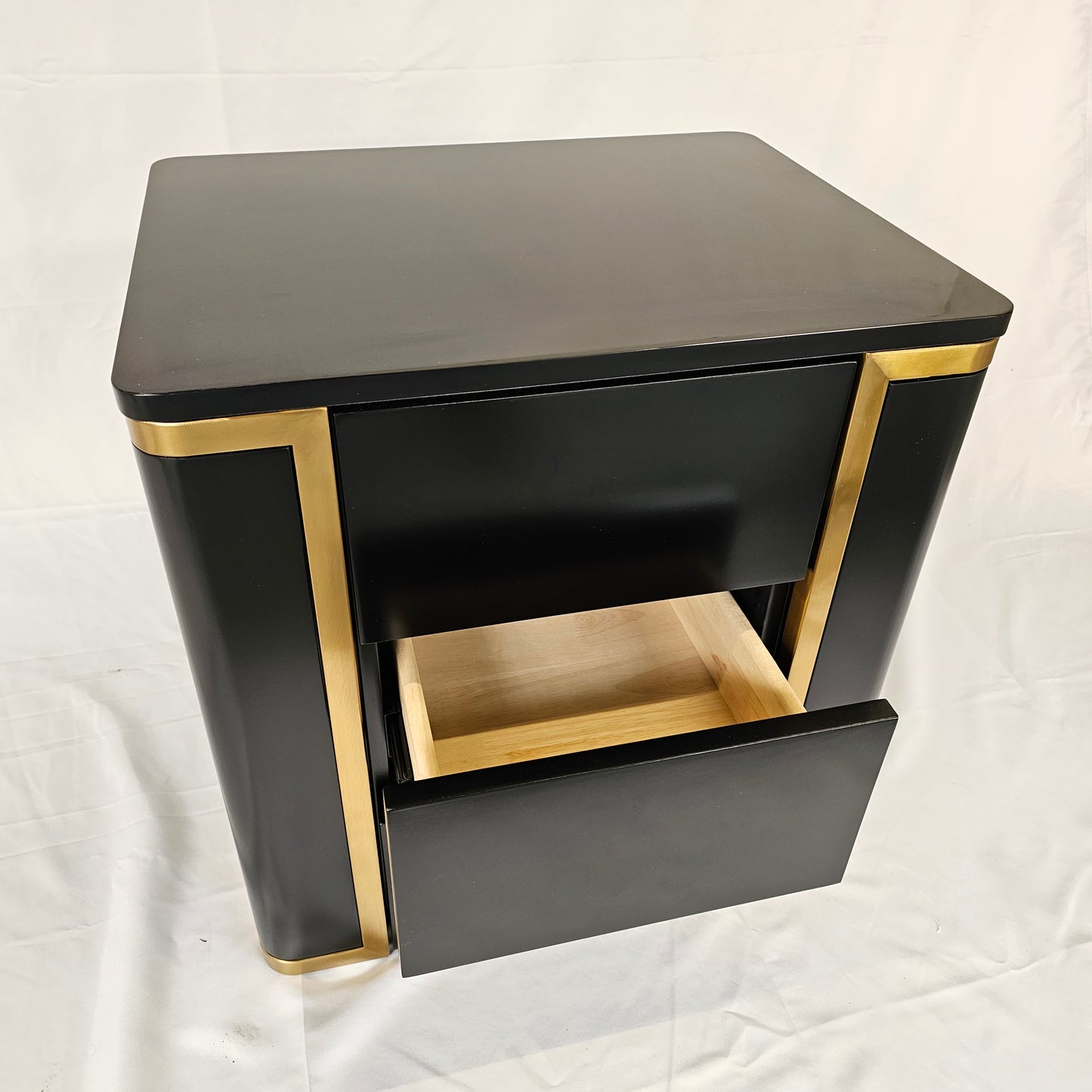 3 Drawer Modern Bedside Table Press to Open Solid Wood Gold Stainless Steel (White, Black)
