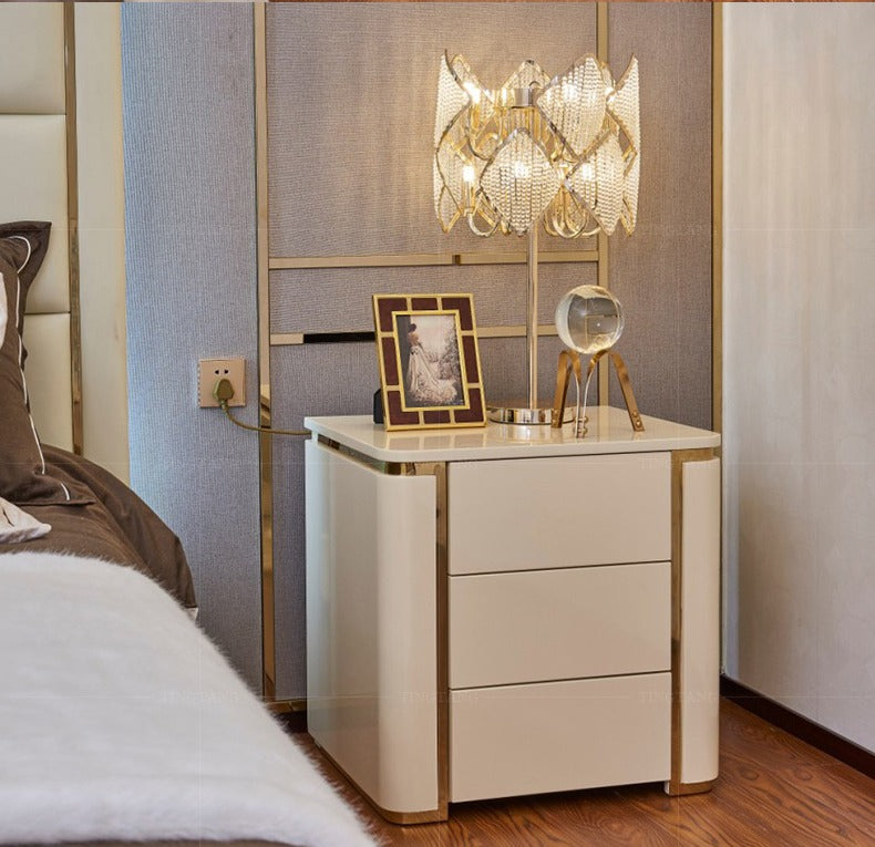 3 Drawer Modern Bedside Table Press to Open Solid Wood Gold Stainless Steel (White, Black)