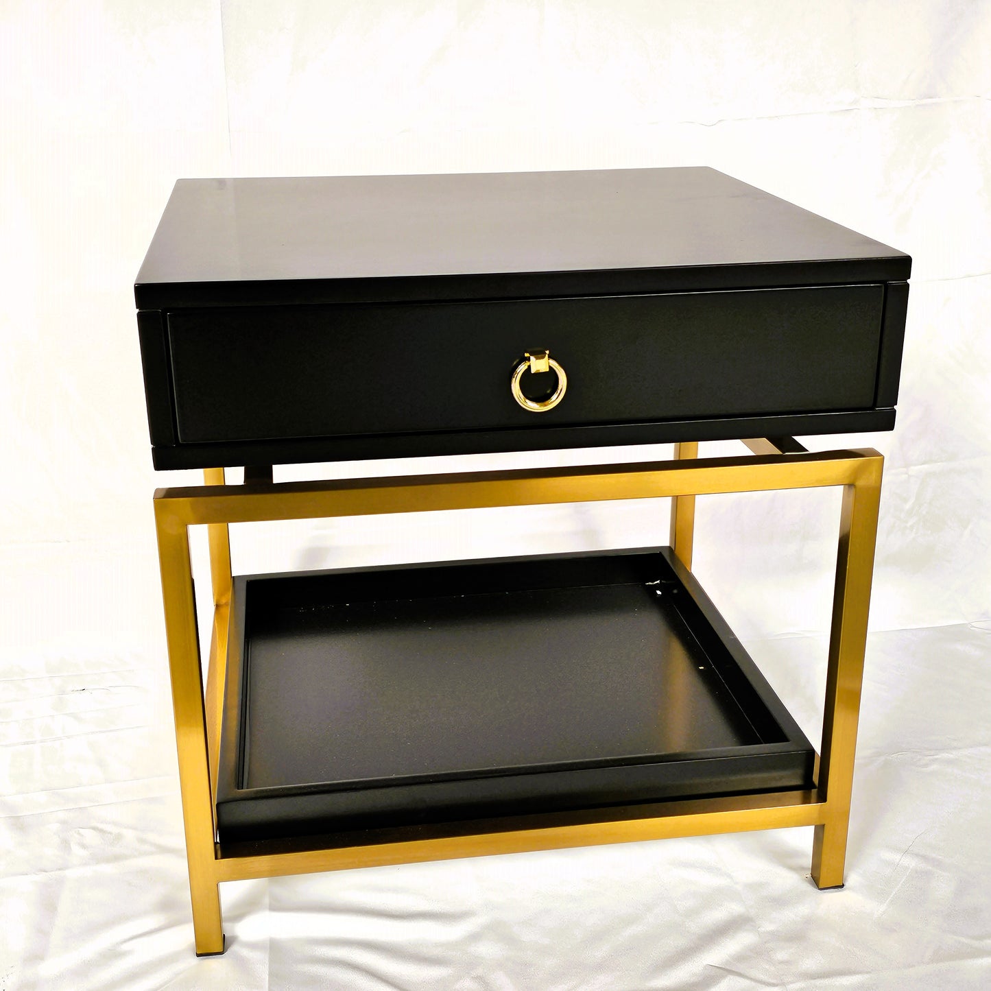 Single Drawer + Open Shelf Modern Bedside Table Solid Wood Gold Stainless Steel (White, Black)