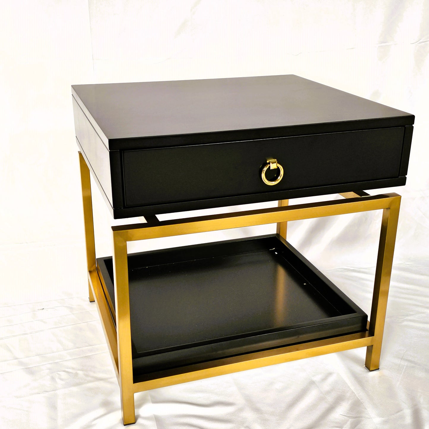 Single Drawer + Open Shelf Modern Bedside Table Solid Wood Gold Stainless Steel (White, Black)