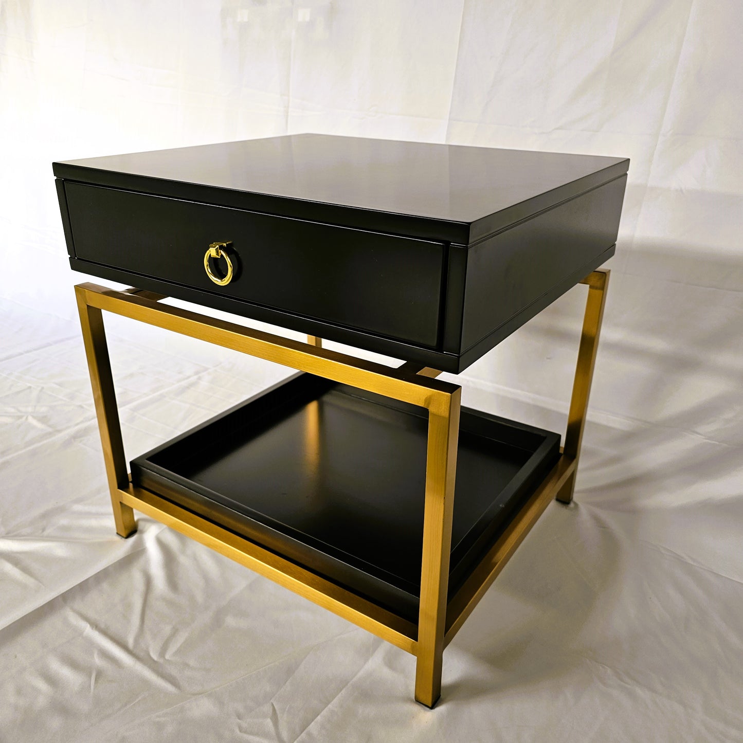 Single Drawer + Open Shelf Modern Bedside Table Solid Wood Gold Stainless Steel (White, Black)