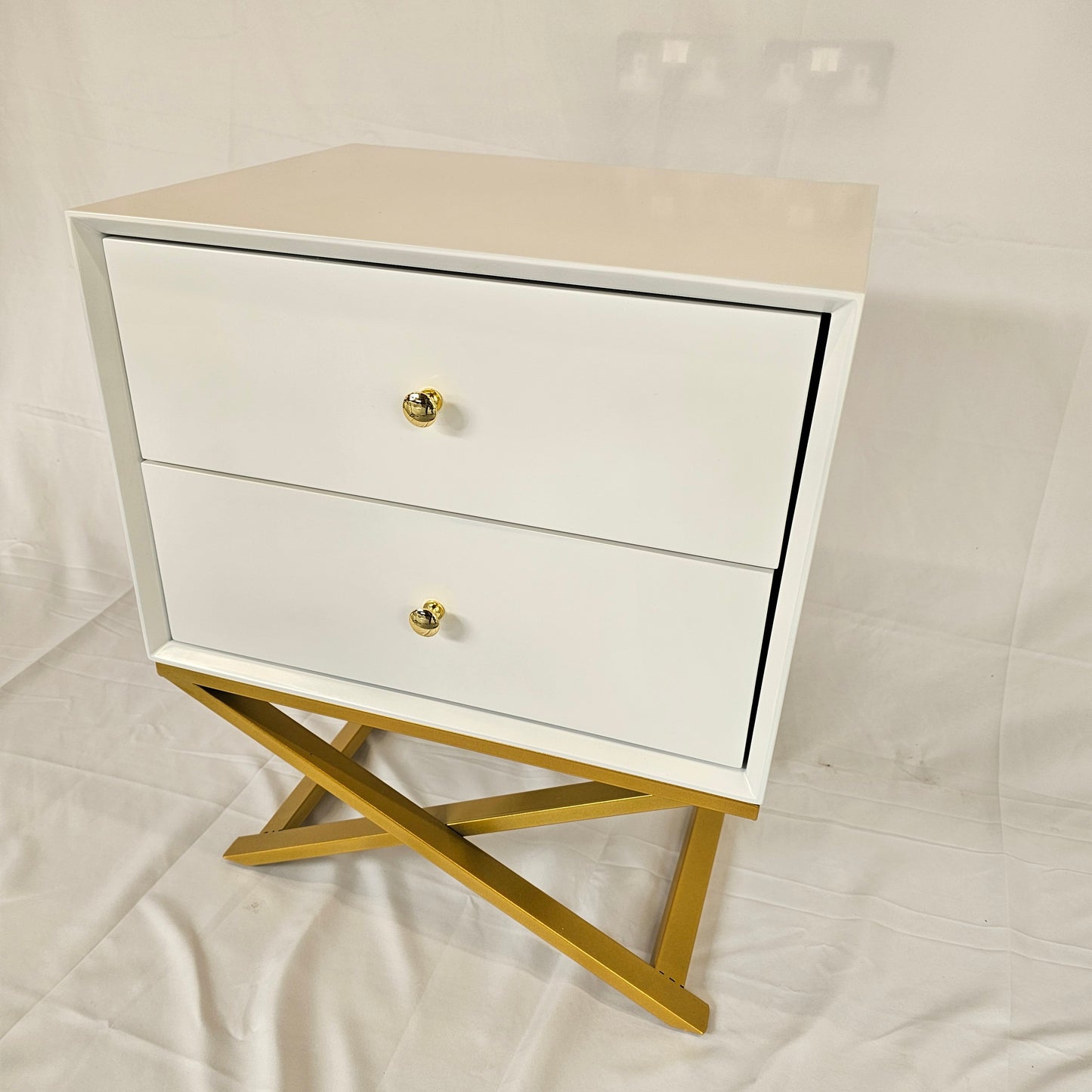 2 Drawer Modern Bedside Table Solid Wood Gold Stainless Steel (White, Blue Velvet, Green Velvet)