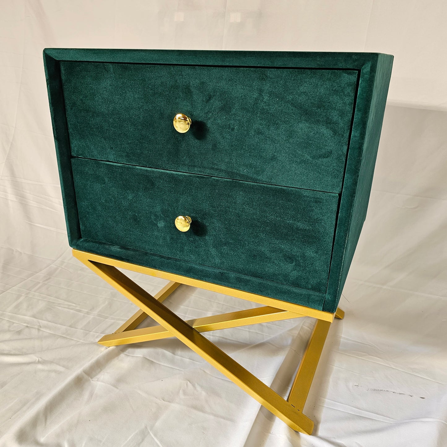 2 Drawer Modern Bedside Table Solid Wood Gold Stainless Steel (White, Blue Velvet, Green Velvet)