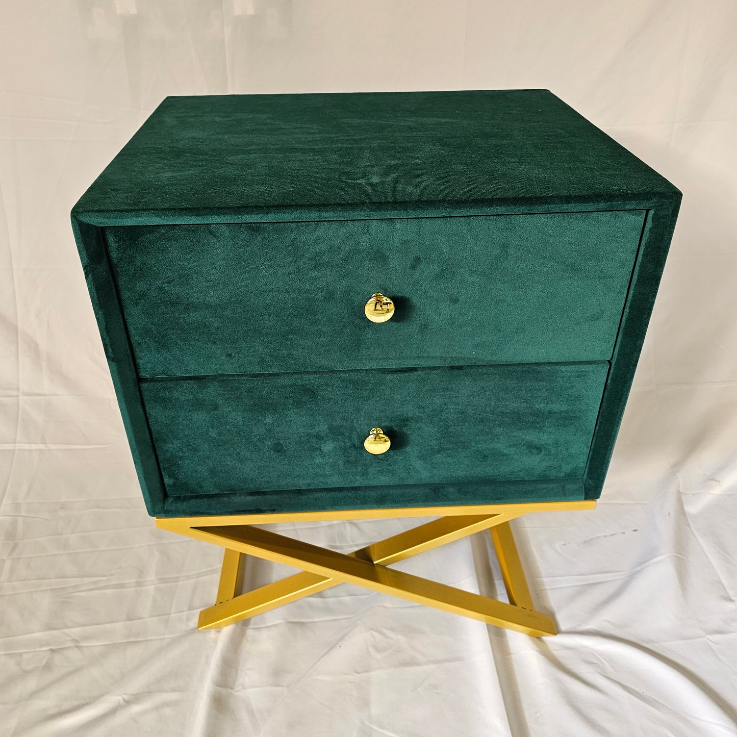 2 Drawer Modern Bedside Table Solid Wood Gold Stainless Steel (White, Blue Velvet, Green Velvet)