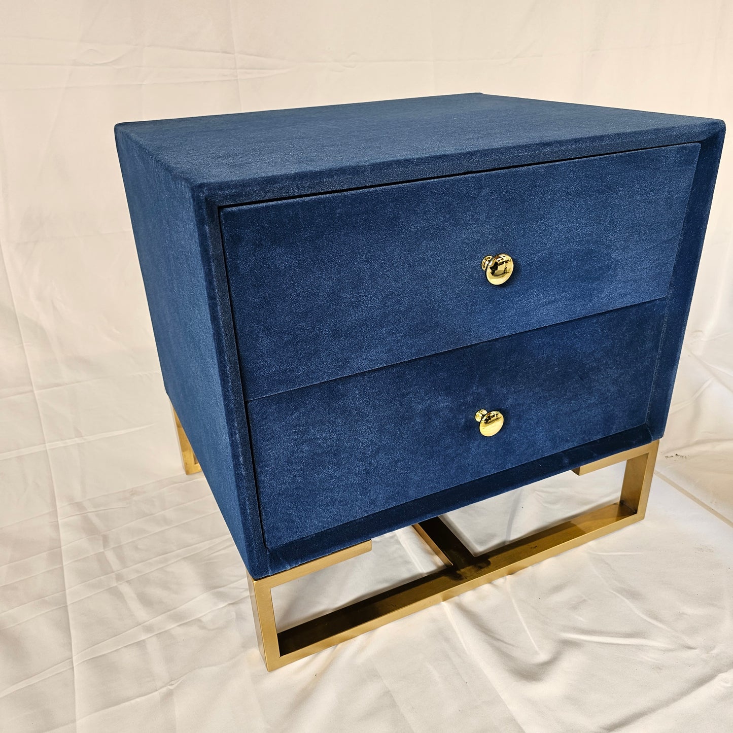 2 Drawer Modern Bedside Table Solid Wood Gold Stainless Steel (White, Grey, Blue Velvet, Green Velvet)