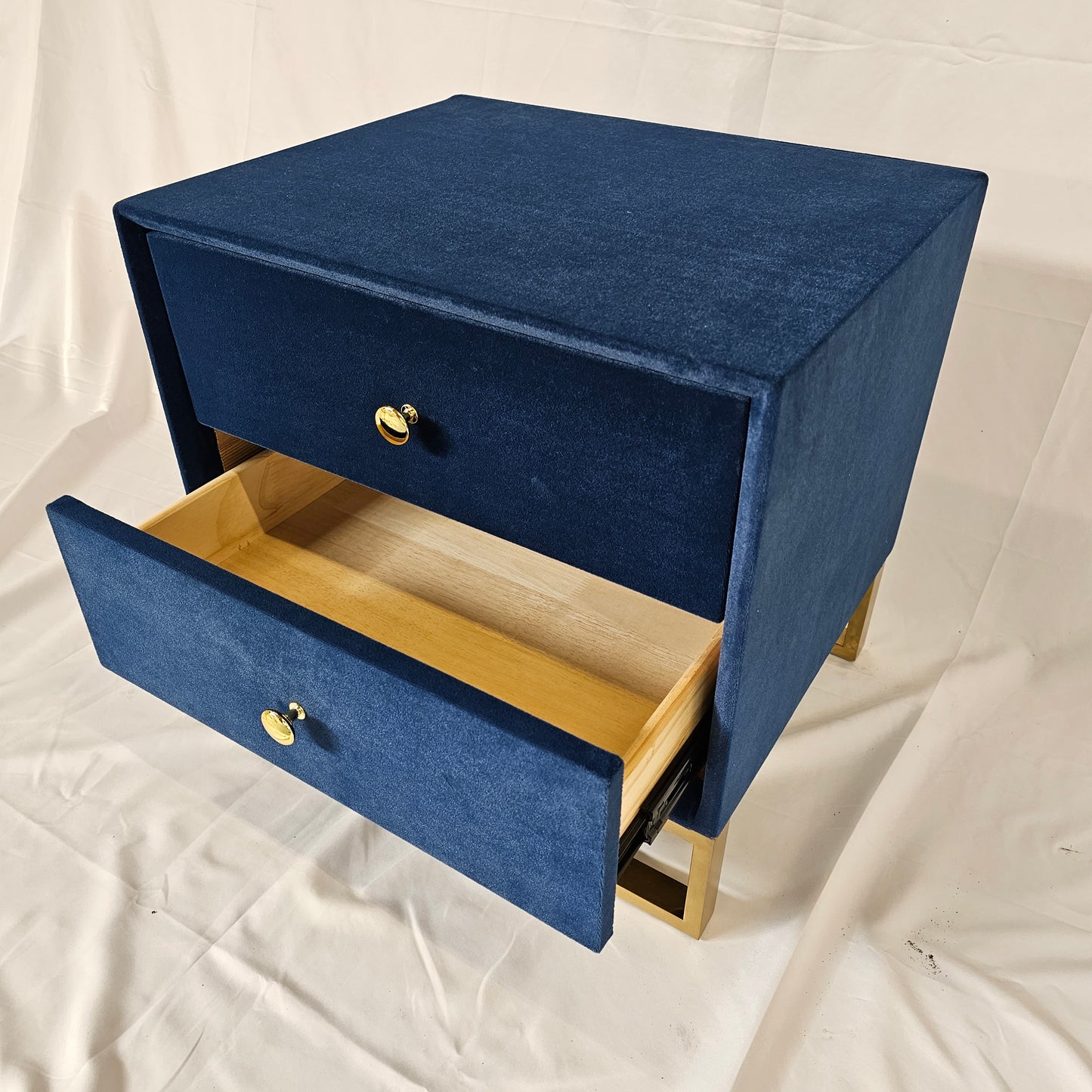 2 Drawer Modern Bedside Table Solid Wood Gold Stainless Steel (White, Grey, Blue Velvet, Green Velvet)