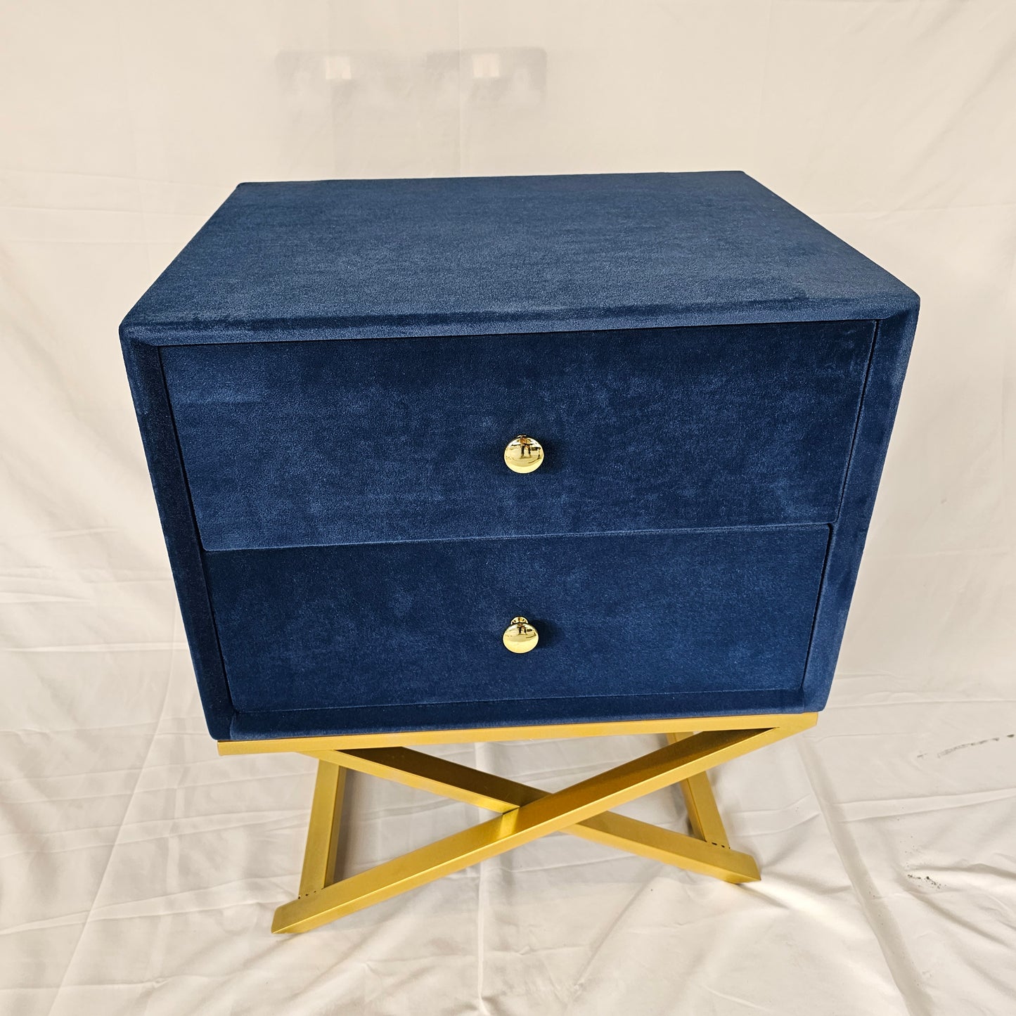 2 Drawer Modern Bedside Table Solid Wood Gold Stainless Steel (White, Blue Velvet, Green Velvet)