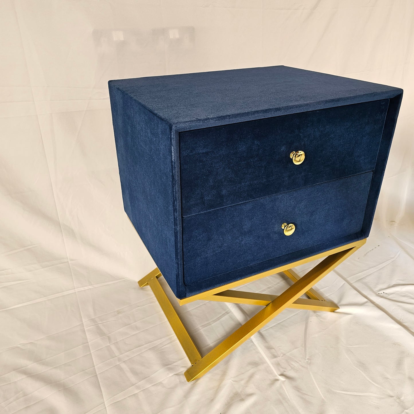 2 Drawer Modern Bedside Table Solid Wood Gold Stainless Steel (White, Blue Velvet, Green Velvet)