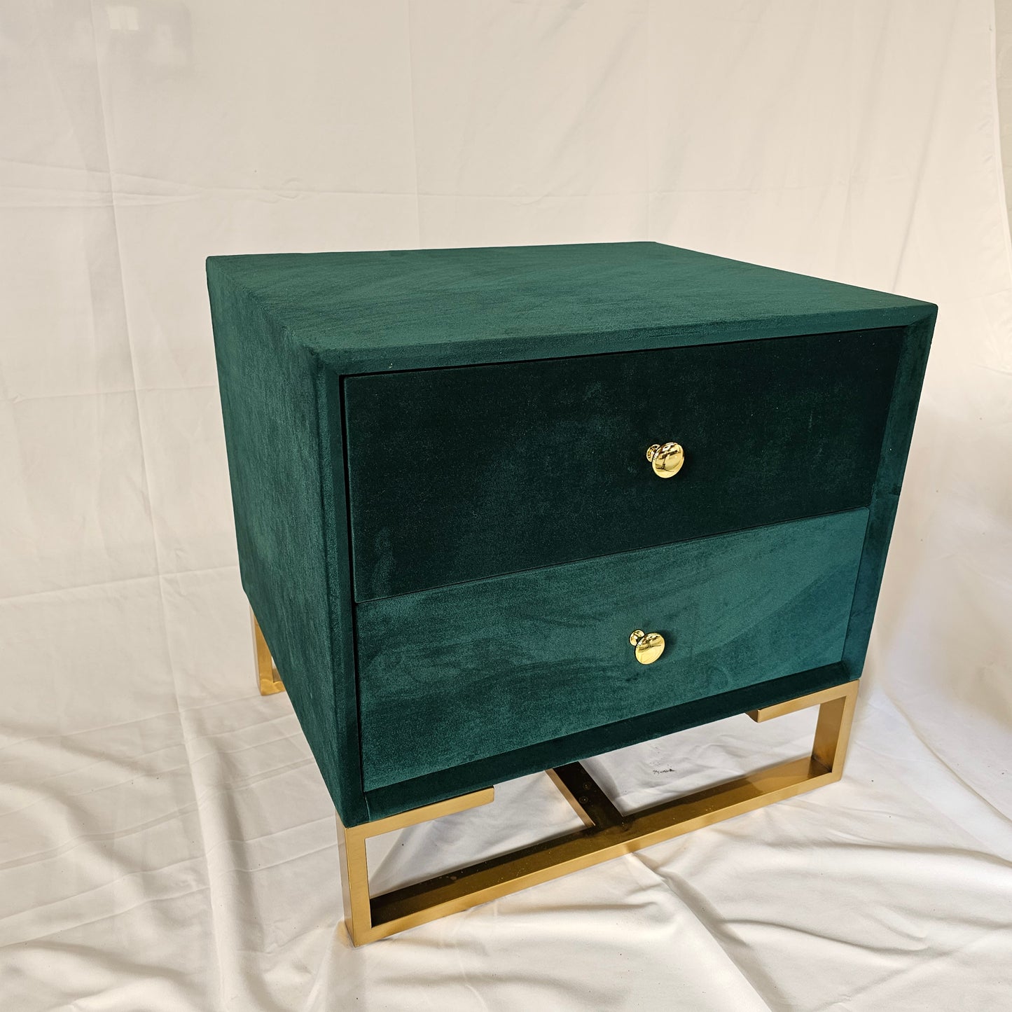 2 Drawer Modern Bedside Table Solid Wood Gold Stainless Steel (White, Grey, Blue Velvet, Green Velvet)