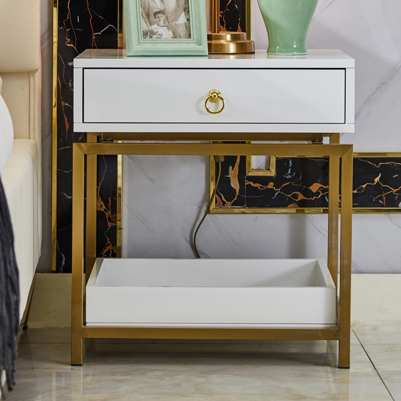 Single Drawer + Open Shelf Modern Bedside Table Solid Wood Gold Stainless Steel (White, Black)