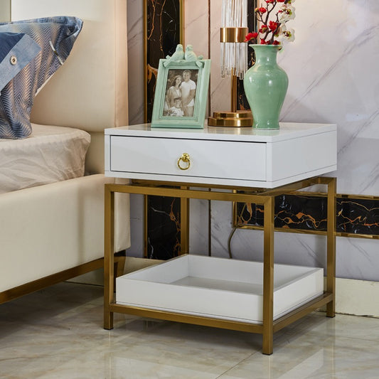 Single Drawer + Open Shelf Modern Bedside Table Solid Wood Gold Stainless Steel (White, Black)