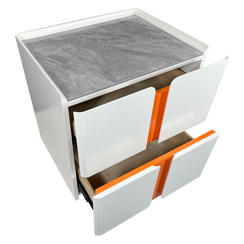 2 Drawer Modern Bedside Table Solid Wood, Sintered Stone Top (White, Brown Wood, Grey)