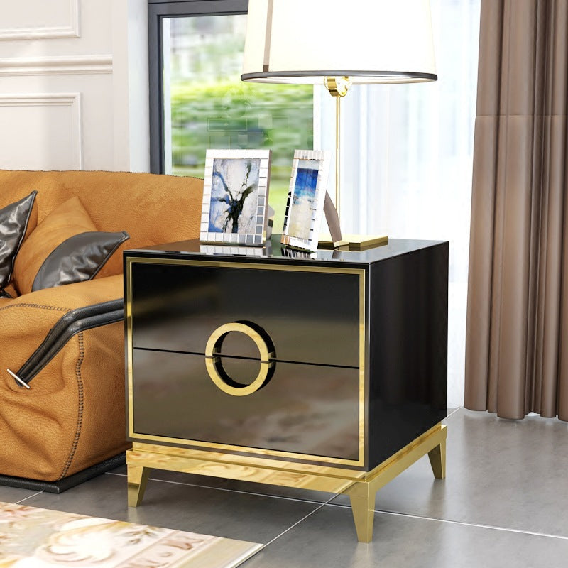 2 Drawer Modern Bedside Table Solid Wood Gold Stainless Steel (White, Black)