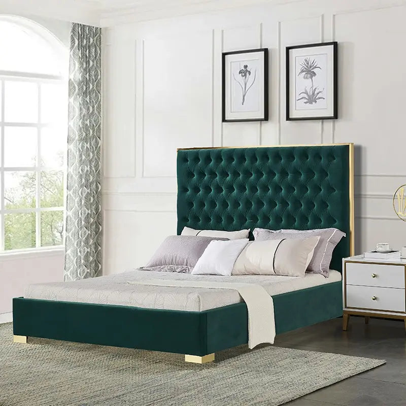 Porto Velvet Ottoman Bed Luxury Gold Stainless Steel Trimmings - Gas Lift Storage