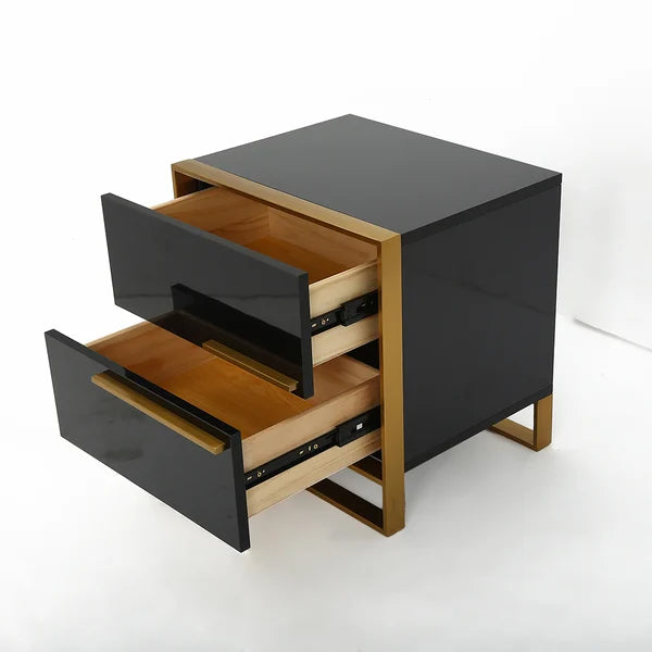 2 Drawer Modern Bedside Table Solid Wood Gold Stainless Steel (White, Black, Grey)